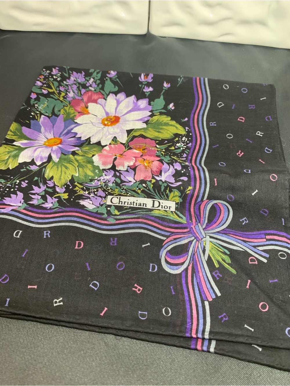 Christian Dior Floral Silk Scarf — Black with Purple & Pink Bouquet